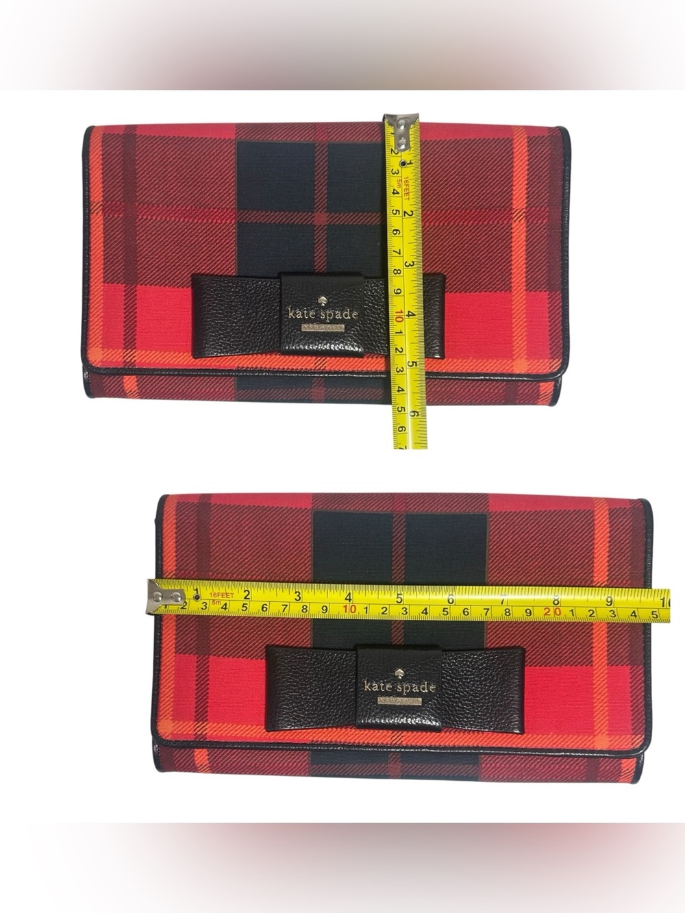Kate Spade Red Plaid Canvas & Black Leather Bow Flap Clutch Mini Bag on Chain - Picture 13 of 14